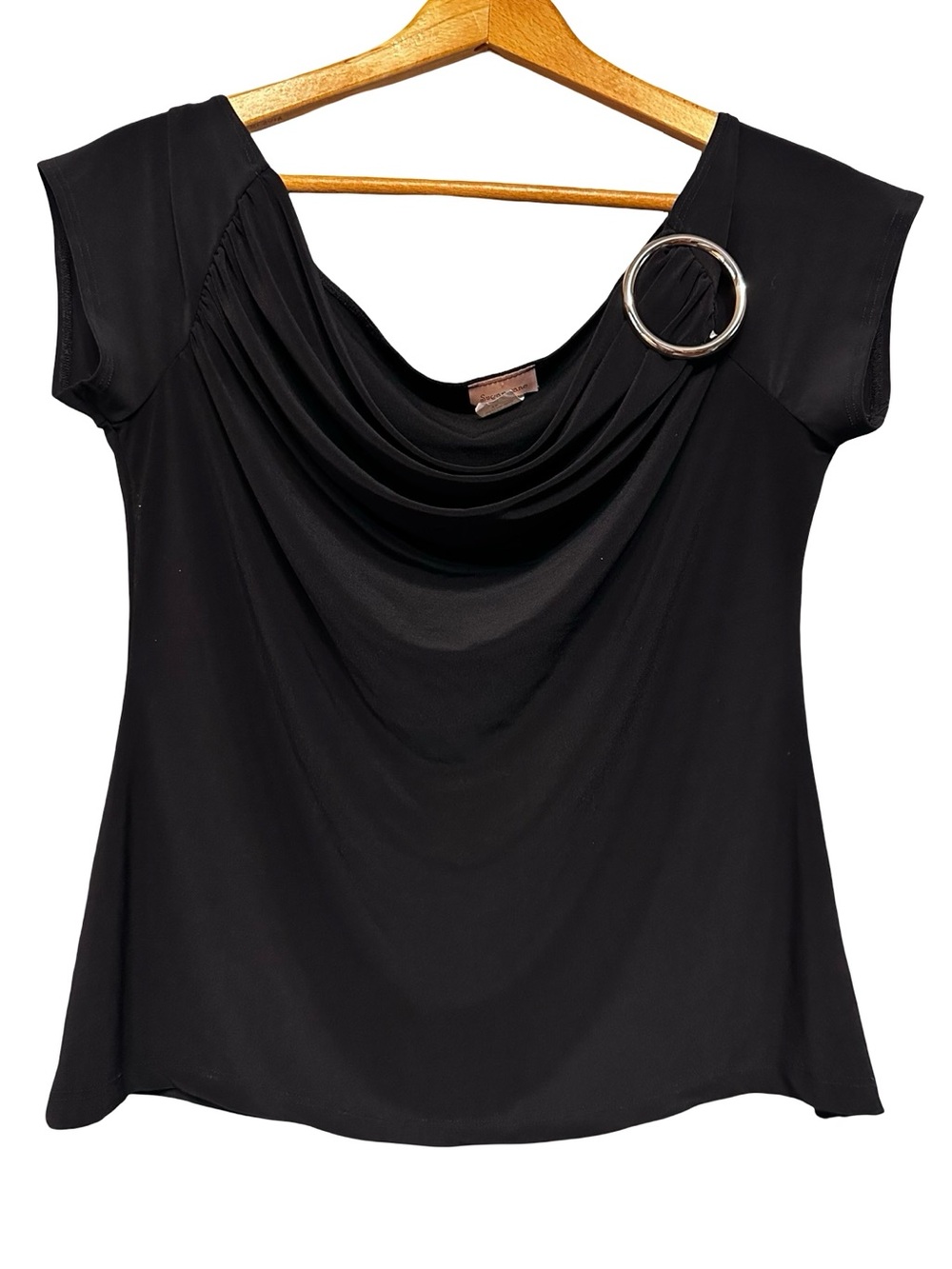 Y2K Black Drape Neck Top SZ 1X Silver Ring Detail Going Out Blouse Cowl Neck